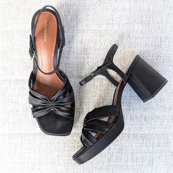 Reformation Maize Black Satin Platform Heeled Sandals, size 8 - Picture 1 of 4